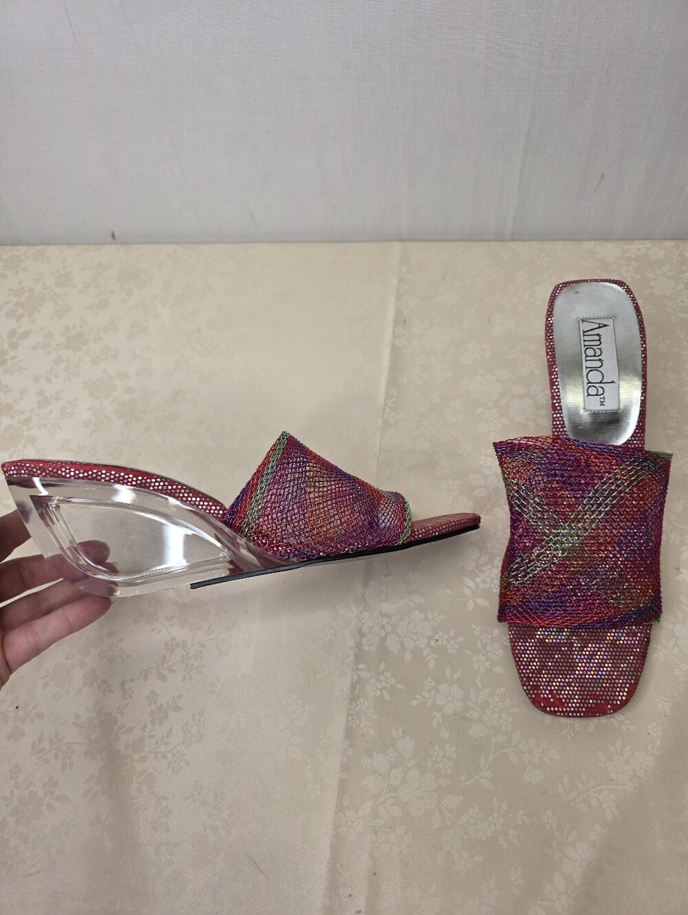 Vtg Y2K Holographic Rainbow Mesh Clear Wedge Slide 10